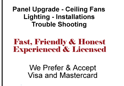  Panel Upgrade - Ceiling Fans 
Lighting - Installations 
Trouble Shooting - Fast, Friendly & Honest
Experienced & Licensed
Las Vegas Electrical Services 
